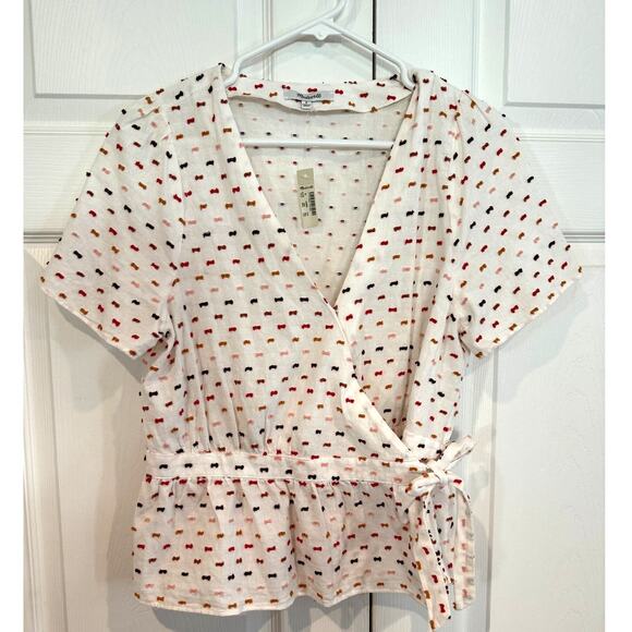 NEW Madewell Wrap Top Short Sleeve White Print Tie Waist Blouse - Picture 4 of 8